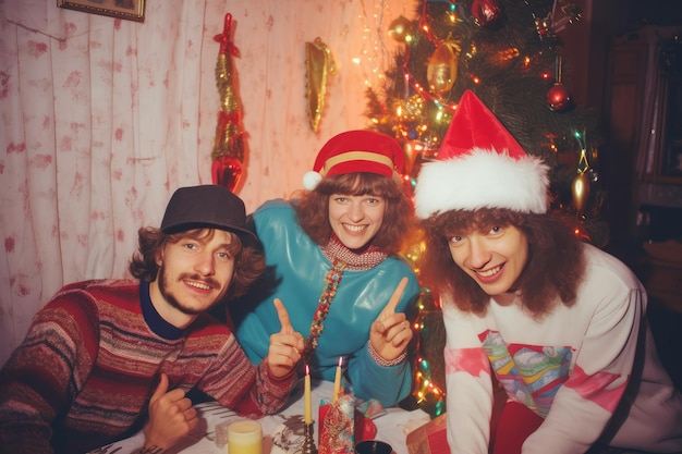 Zabawna świąteczna fotografia vintage przedstawiająca staroświeckich młodych ludzi świętujących Boże Narodzenie lub Nowy Rok