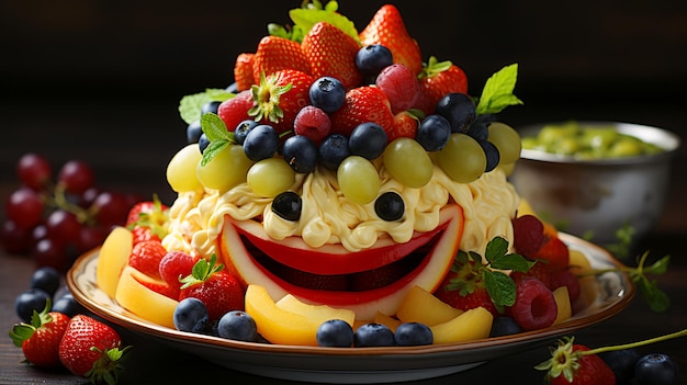 Zdjęcie zabawna twarz klauna na torcie owocowym