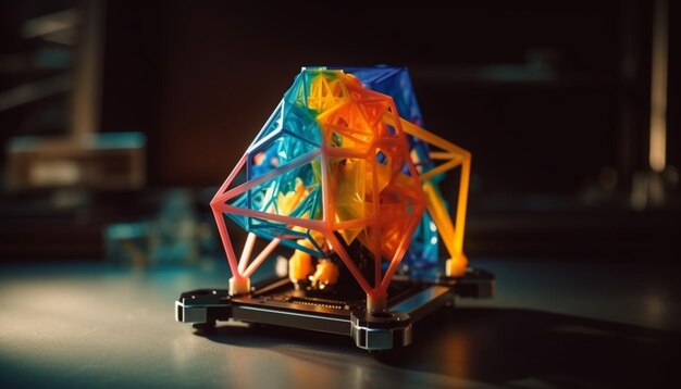 Zdjęcie zabawna wielokolorowa zabawka oświetlona jasnym sprzętem oświetleniowym na stole wygenerowanym przez sztuczną inteligencję