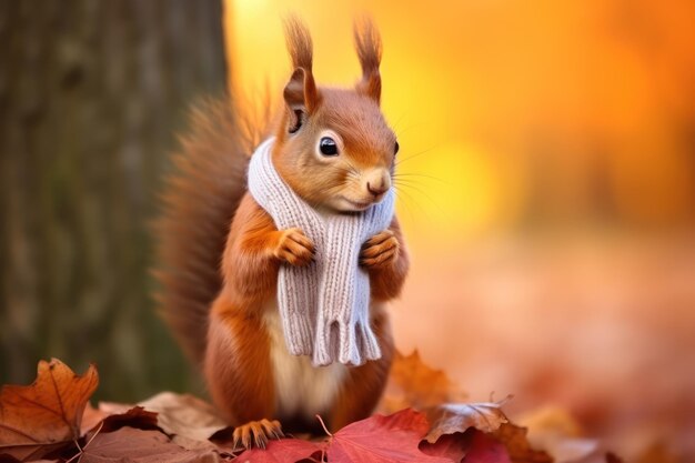 Zabawna wiewiórka w pięknym jesieniowym krajobrazie