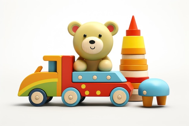 Zabawna zabawka samochodowa na białym, izolowanym tle Kolorowa gra dla dzieci przedszkolnych