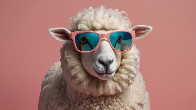 Zabawne białe owce noszące różowe okulary i patrzące na kamerę na różowym tle