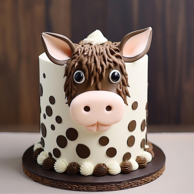 Zabawne ciasto z twarzą krowy z dużymi szczegółami i w stylu kreskówek