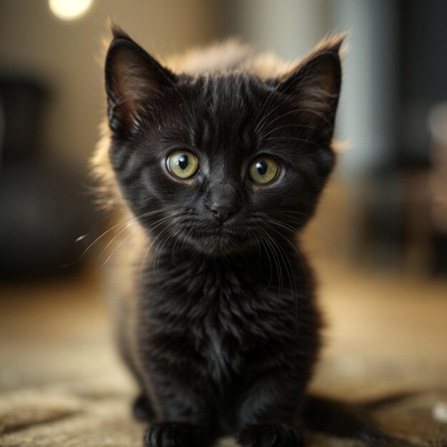 Zabawne czarne kotko uśmiechające się z dużymi oczami