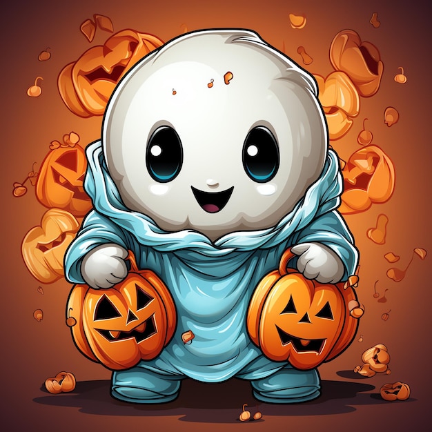 Zabawne duchy podczas obchodów Halloween na cmentarzu nocą w uroczym kreskówkowym stylu Halloween