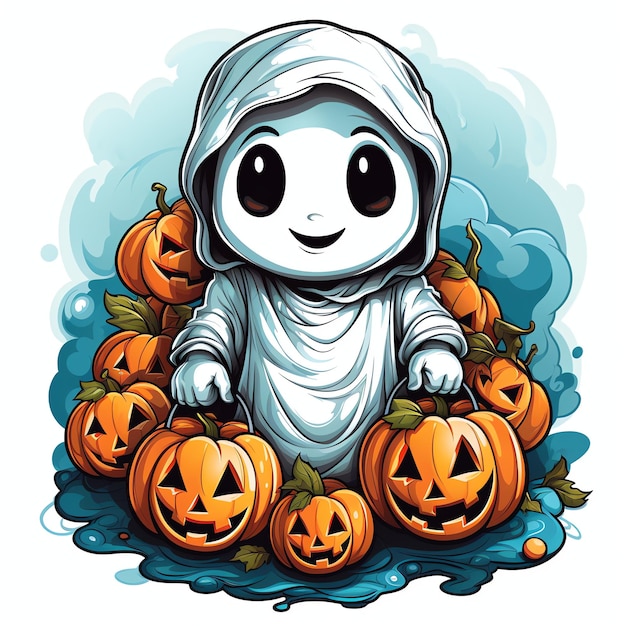 Zabawne duchy podczas obchodów Halloween na cmentarzu nocą w uroczym kreskówkowym stylu Halloween