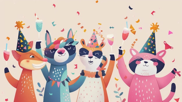 Zabawne dzikie zwierzęta tańczące na przyjęciu z kieliszkami do szampana i konfetti
