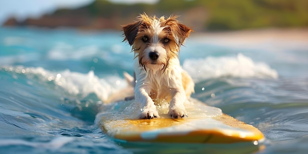 Zabawne i dziwaczne zabawne zdjęcie psa jeżdżącego na desce surfingowej Koncepcja Fotografia zwierząt Surfing Zwierzęta domowe Kreatywne portrety zwierząt domowych Unikalne zdjęcia psów Zabawne pozy zwierząt