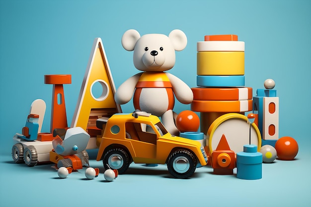 Zabawne, jasne zabawki dla dzieci na niebieskim tle, ilustracja 3D generowana przez AI