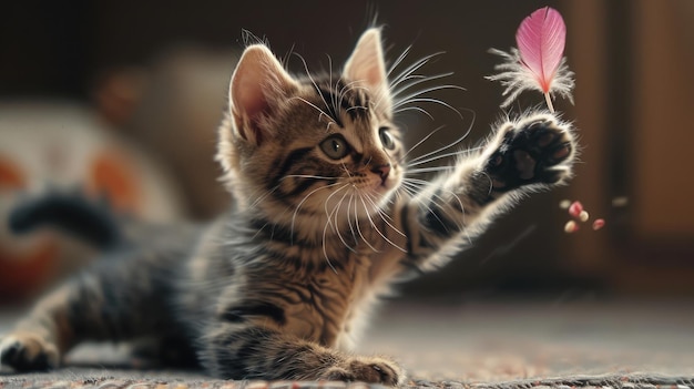 Zdjęcie zabawne kociak uderzające w zabawkę z piórami jego oczy błyszczące z ciekawości i złośliwości w rozkosznej grze