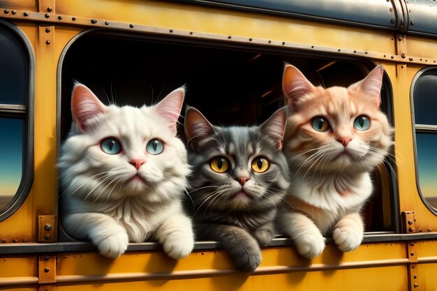 Zabawne koty podróżują w wagonie pociągowym.