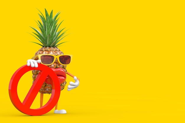 Zabawne kreskówki moda Hipster Cut ananas osoba charakter maskotka z czerwonym zakazem lub zabronionym znakiem na żółtym tle. Renderowanie 3D