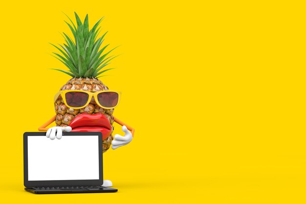 Zabawne Kreskówki Moda Hipster Cut Ananas Osoba Charakter Maskotka Z Nowoczesnym Laptopem Notebook I Pusty Ekran Do Projektowania Na żółtym Tle. Renderowanie 3d