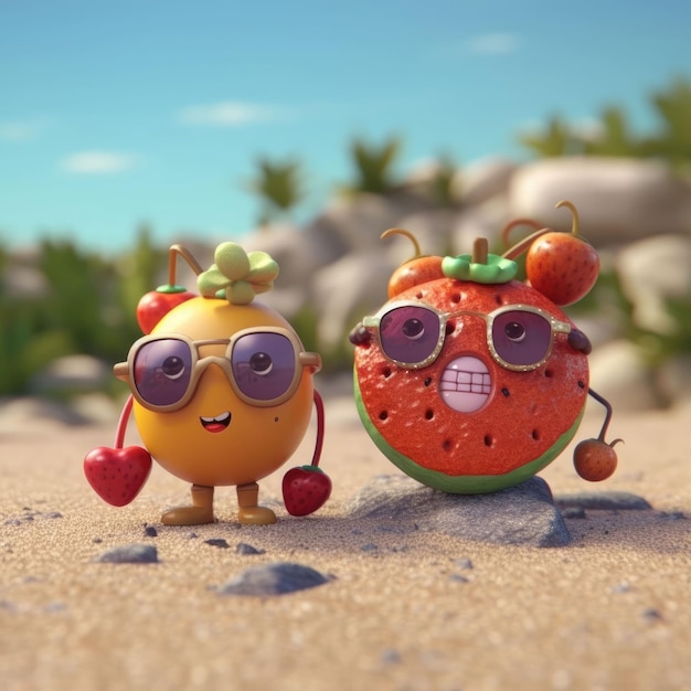 Zabawne letnie owoce z okularami przeciwsłonecznymi na plaży 3d render