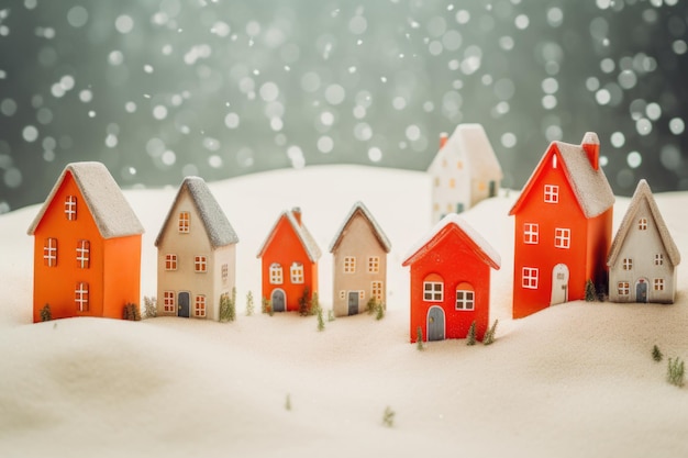 Zdjęcie zabawne miniaturowe domki na tle białego śniegu, dziwaczne otoczenie do zimowych zabaw.