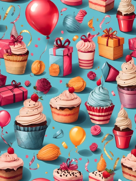 Zabawne, ręcznie rysowane, bezszwowe tło z ciastami, pudełkami na prezenty, balonami i dekoracją imprezową