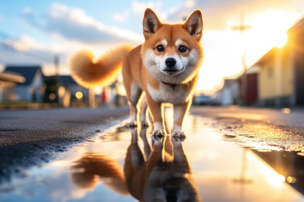 Zabawne shibainu z kałużą odbijającą się na ulicy ai generowane