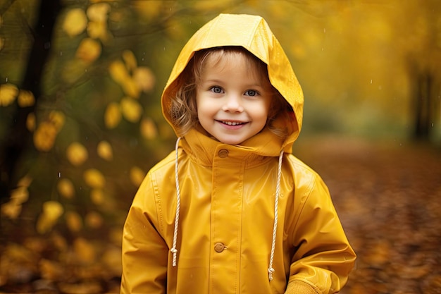 Zabawne, słodkie dziecko cieszące się jesienną deszczową pogodą w sezonowym płaszczu przeciwdeszczowym