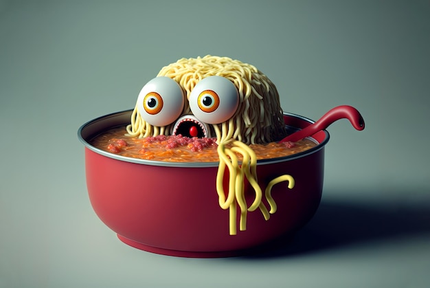 Zdjęcie zabawne spaghetti z potworami słodki makaron z makaronem lub ramen postać z szaloną zabawną twarzą generowana przez ai