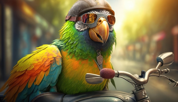 zabawne szkarłatne tło twarzy papugi z okularami przeciwsłonecznymi i rowerem generatywnym AI