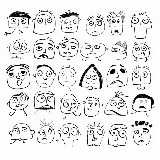 Zabawne twarze z kreskówek Ręcznie narysowana ilustracja wektorowa Zestaw postaci