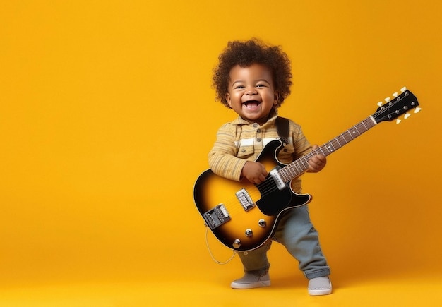 Zabawne, wesołe dziecko grające na gitarze i śpiewające stworzone za pomocą Generative AI