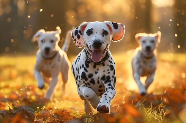 Zabawni Dalmatyńczycy Małe psy bawią się i biegną w słonecznym świetle