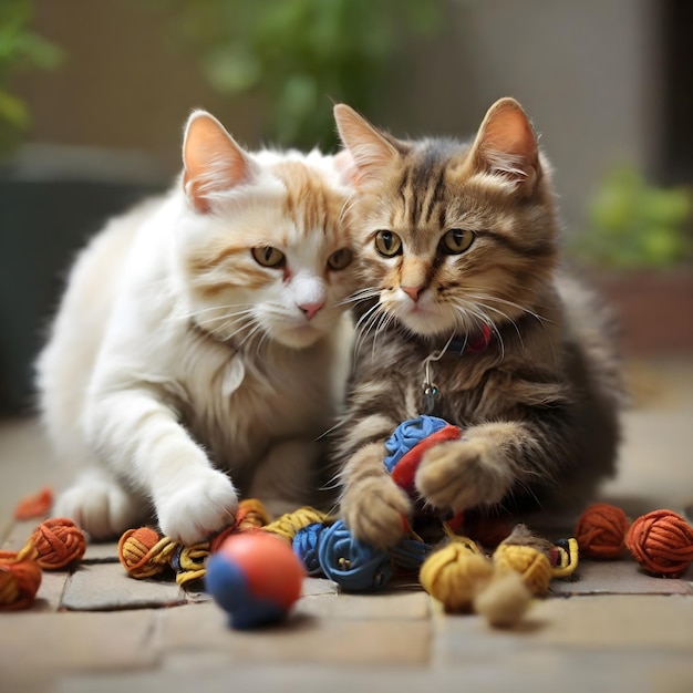 Zabawni koci towarzysze Dwa koty cieszące się wspólną zabawą