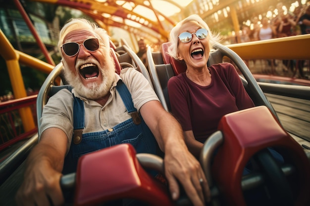 Zabawni, starzy, chłodni, szaleni, emerytowani dziadkowie na rollercoasterze.