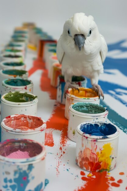 Zdjęcie zabawny biały kakadu siedzący na kolorowych puszkach farb tworzy artystyczne arcydzieło na płótnie w