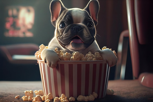 Zabawny cętkowany szczeniak buldoga francuskiego siedzi w pasiastym wiadrze z popcornem