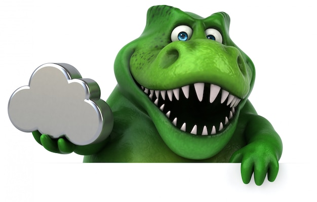 Zabawny charakter dinozaura 3d, trzymając ikonę chmury