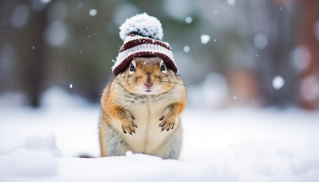 Zabawny Chipmunk z zimową czapką stojący w śniegu Witamy zimę temat banner