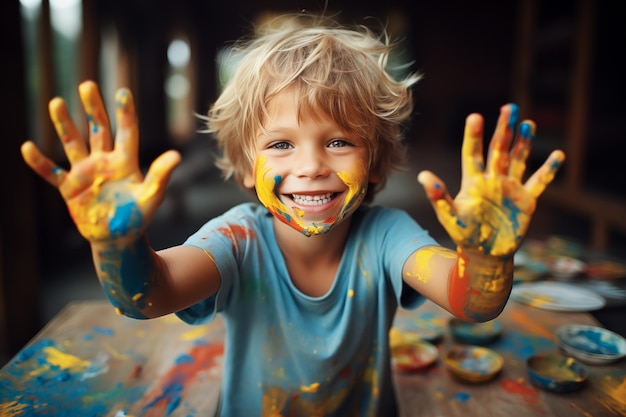 Zdjęcie zabawny chłopiec rysuje, śmieje się, pokazuje ręce brudne farbą kolorową.