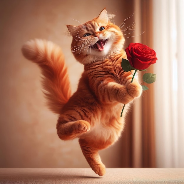 Zabawny czerwony kot w skoku śmieje się trzymając czerwoną różę w przedniej łapce kartka z życzeniami urodzinowej