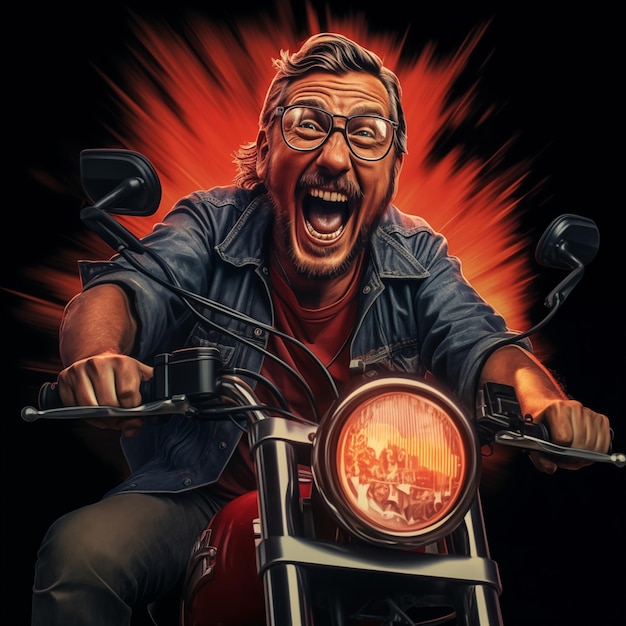 Zdjęcie zabawny człowiek na motocyklu z otwartymi ustami.