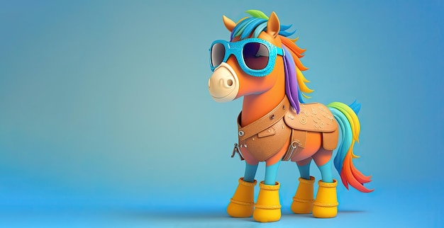 Zabawny dziecinny pomarańczowy koń w okularach przeciwsłonecznych na niebieskim tle Generatywna sztuczna inteligencja