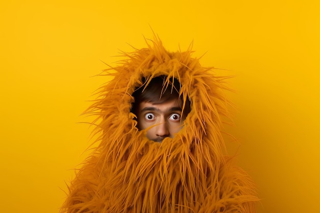 Zabawny facet w kostiumie zwierzęcym ukrywający się w trawiastym tle