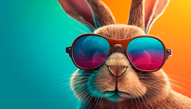 Zabawny fajny króliczek w okularach przeciwsłonecznych na kolorowym tle Bliska Generatywne ai