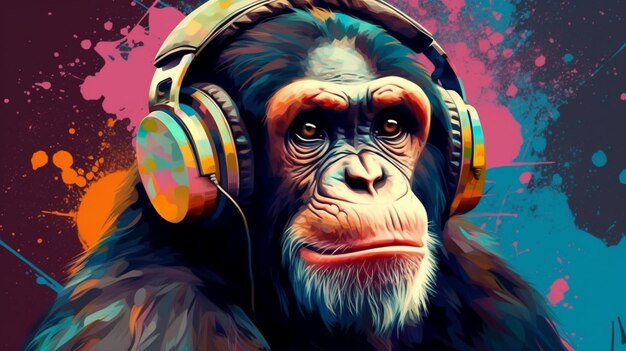 Zabawny goryl w słuchawkach selektywnego skupienia Generatywna sztuczna inteligencja