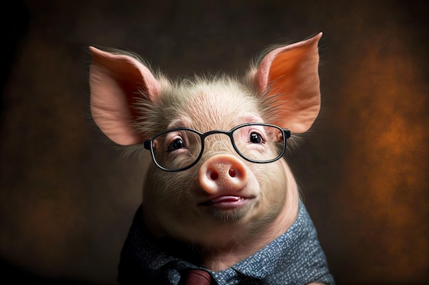 Zdjęcie zabawny gruby prosiak w okularach z zadartym nosem prosiaka i dużymi uszami