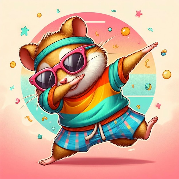 Zdjęcie zabawny hamster w kolorowych ubraniach i okularach przeciwsłonecznych tańczący