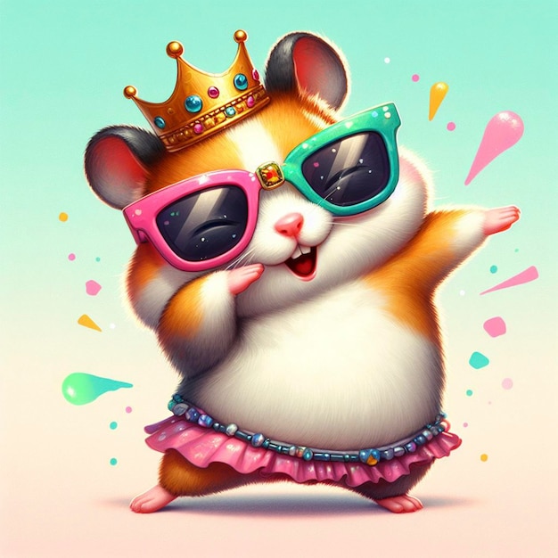 Zabawny hamster w kolorowych ubraniach i okularach przeciwsłonecznych tańczący