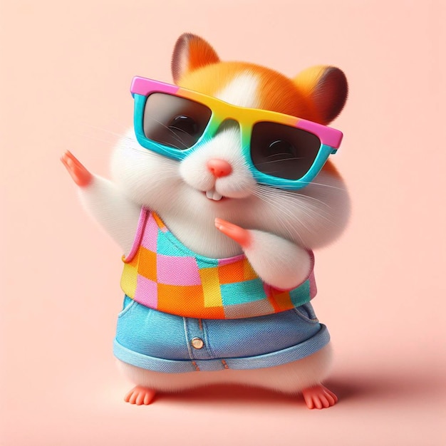 Zabawny hamster w kolorowych ubraniach i okularach przeciwsłonecznych tańczący
