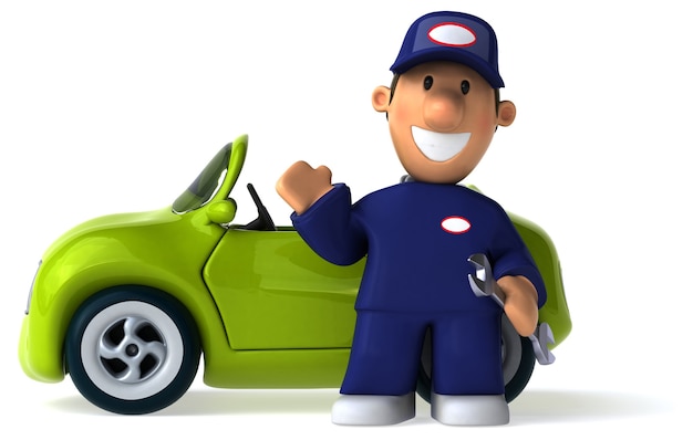 Zabawny ilustrowany mechanik i samochód