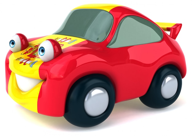 Zdjęcie zabawny ilustrowany samochód namalowany w flaga hiszpanii