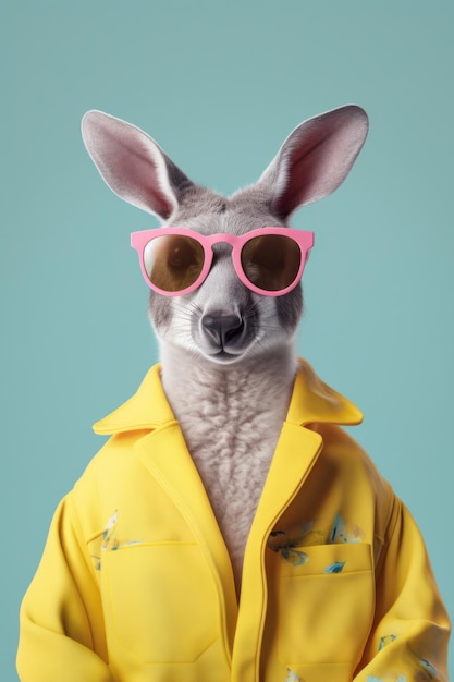 Zabawny kangur ubrany w żółte ubrania z różowymi okularami przeciwsłonecznymi na niebieskim tle
