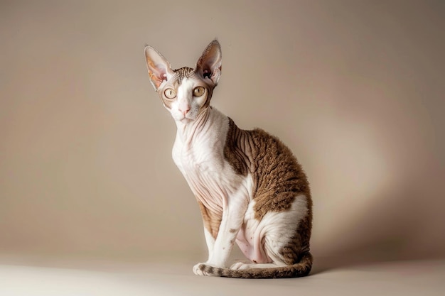 Zabawny kot Cornish Rex z falistym futrem, dużymi uszami i oczami w kształcie migdału siedzi na neutralnym tle