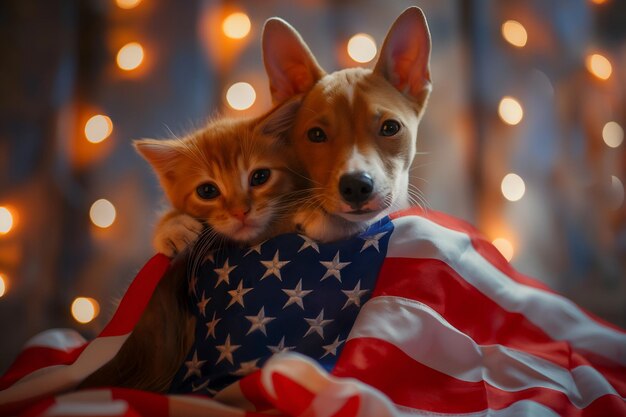 Zabawny kot i pies z wielką flagą Ameryki USA świętują 4 lipca Dzień Niepodległości