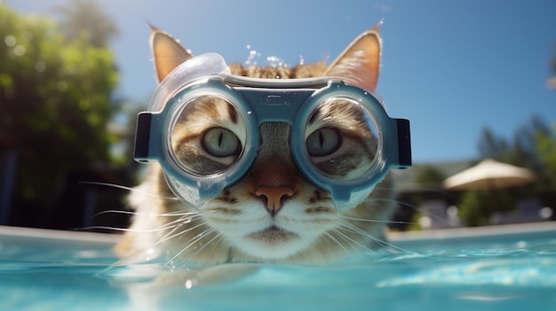 Zabawny kot noszący szkła do snorkelowania generatywna sztuczna inteligencja